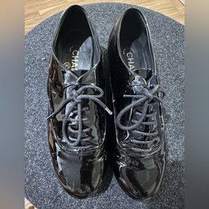 Authentic CHANEL Black Patent Leather Oxford Shoes — Size 37